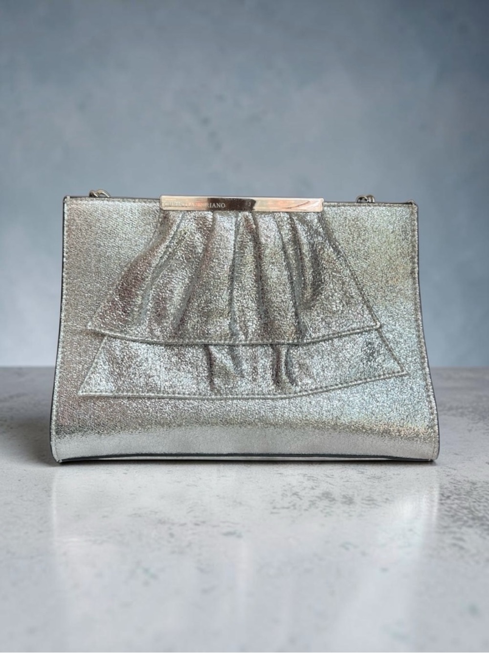 Rare Christian Siriano Metallic Silver Ruffle Clutch